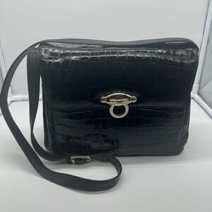 DUE FRATELLI VINTAGE Black Croc Embossed Patent Leather Medium Square Crossbody